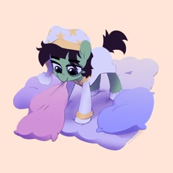 Size: 1846x1846 | Tagged: safe, artist:dawnfire, oc, oc only, earth pony, pony, bracelet, clothes, hat, jewelry, nightcap, pajamas, pillow, simple background, solo