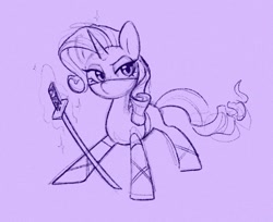 Size: 1174x957 | Tagged: safe, artist:dawnfire, rarity, pony, unicorn, clothes, female, horn, katana, magic, mare, monochrome, ninja, solo, sword, telekinesis, weapon