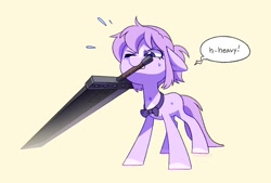 Size: 1500x1012 | Tagged: safe, artist:dawnfire, oc, oc only, oc:mio, earth pony, pony, blaze (coat marking), dialogue, female, mare, mouth hold, one eye closed, pale belly, simple background, solo, sweat, sword, weapon