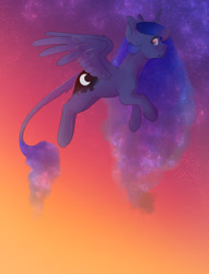 Size: 1024x1340 | Tagged: safe, artist:snowolive, imported from derpibooru, princess luna, alicorn, pony, cutie mark, ethereal mane, female, flying, leonine tail, looking at you, mare, missing accessory, smiling, solo, starry mane, stars, tail, twilight (astronomy)