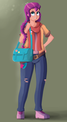 Size: 1100x2000 | Tagged: safe, artist:biocrine, imported from derpibooru, sunny starscout, equestria girls, backpack, belt, boots, button, clothes, cutie mark, cutie mark on clothes, equestria girls-ified, g5, jacket, jeans, my little pony: a new generation, pants, pigtails, pin, ripped jeans, ripped pants, satchel, scarf, shoes, torn clothes