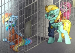 Size: 2974x2100 | Tagged: safe, artist:severe acrophobia, imported from derpibooru, lightning dust, pinkie pie, rainbow dash, earth pony, pegasus, pony, bound wings, cell, chained, clothes, high res, jail, jail cell, never doubt rainbowdash69's involvement, officer ld, pinkamena diane pie, police uniform, prison, prison outfit, prisoner pp, prisoner rd, smiling, smirk, wings