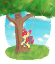 Size: 3100x3600 | Tagged: safe, artist:litrojia, imported from derpibooru, apple bloom, earth pony, pony, apple, apple tree, atg 2019, eyes closed, female, filly, food, high res, newbie artist training grounds, smiling, solo, swing, tire, tire swing, tree