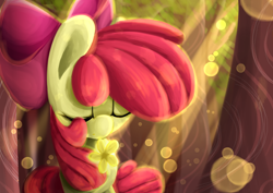 Size: 2828x2000 | Tagged: safe, artist:fluorbaryt, imported from derpibooru, apple bloom, earth pony, pony, female, filly, flower, forest, high res, solo