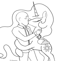 Size: 1764x1877 | Tagged: safe, artist:notawriteranon, imported from derpibooru, princess celestia, oc, oc:anon, alicorn, human, pony, art trade, black and white, commission, embrace, female, grayscale, kiss on the lips, kissing, male, monochrome, simple background, white background