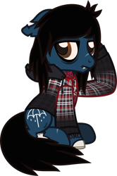 Size: 788x1189 | Tagged: safe, artist:lightningbolt, derpibooru exclusive, imported from derpibooru, pony, undead, zombie, zombie pony, .svg available, bags under eyes, bloodshot eyes, bone, clothes, drop dead clothing, ears back, fangs, frown, hood, hoodie, lip piercing, looking back, oliver sykes, piercing, ponified, raised hoof, scar, show accurate, simple background, sitting, solo, stitches, svg, tattoo, torn ear, transparent background, vector