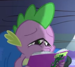 Size: 572x513 | Tagged: safe, imported from derpibooru, screencap, mane-iac, spike, dragon, power ponies (episode), comic book, cropped, faic, lidded eyes, male, power ponies, reading, solo