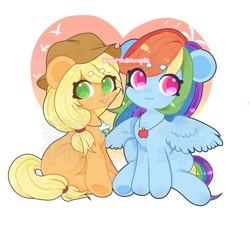 Size: 1000x1000 | Tagged: safe, artist:罗拉跑不掉, imported from derpibooru, applejack, rainbow dash, earth pony, pegasus, pony, :p, appledash, beanbrows, colored pupils, cute, cutie mark accessory, cutie mark necklace, dashabetes, eyebrows, female, jackabetes, jewelry, lesbian, necklace, round ears, shipping, tongue out, watermark