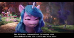 Size: 1600x830 | Tagged: safe, edit, edited screencap, imported from derpibooru, screencap, izzy moonbow, pony, unicorn, spoiler:my little pony: a new generation, bridlewood, english, forest, g5, my little pony: a new generation, solo, squint, squinted eyes, text