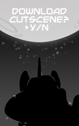 Size: 800x1280 | Tagged: safe, artist:egophiliac, imported from derpibooru, princess luna, alicorn, pony, moonstuck, ethereal mane, female, grayscale, mare, monochrome, moon, silhouette, solo, space