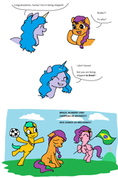 Size: 940x1418 | Tagged: safe, artist:ddenver, imported from derpibooru, hitch trailblazer, izzy moonbow, pipp petals, sunny starscout, earth pony, pegasus, pony, unicorn, 1000 hours in ms paint, bipedal, brazil, comic, crying, cute, female, flag, football, funny, g5, male, mare, ms paint, my little pony: a new generation, portuguese, sad face, speech bubble, sports, stallion, standing, standing on one leg, you're going to brazil