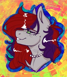Size: 1773x2048 | Tagged: safe, artist:holomouse, imported from derpibooru, oc, oc only, oc:evening prose, pegasus, pony, bust, female, freckles, jewelry, mare, necklace, pearl necklace