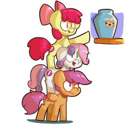 Size: 1000x1000 | Tagged: safe, artist:ronin20181, imported from derpibooru, apple bloom, scootaloo, sweetie belle, earth pony, pegasus, pony, unicorn, cookie, cookie jar, cutie mark crusaders, food, pony pile, reaching, simple background, tower of pony, transparent background