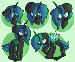Size: 1200x1000 | Tagged: safe, artist:ronin20181, imported from derpibooru, queen chrysalis, changeling, changeling queen, abstract background, cute, cutealis, female, floppy ears, horn, looking at you, multiple images, quadrupedal, solo, tail, wings