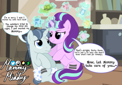 Size: 2360x1640 | Tagged: safe, artist:mommymidday, imported from derpibooru, party favor, starlight glimmer, pony, turtle, unicorn, abdl, adult foal, baby powder, building blocks, desaturated, dialogue, diaper, diaper fetish, equal cutie mark, equalized, evil starlight, female, fetish, foal powder, g4, glowing, glowing horn, horn, kink, levitation, magic, magic aura, male, mommy kink, non-baby in diaper, pacifier, plushie, pouty lips, puppy dog eyes, s5 starlight, show accurate, signature, telekinesis, toy, two toned mane