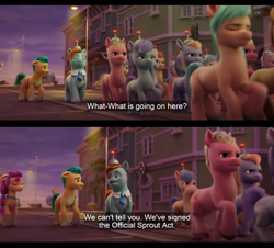 Size: 1598x1446 | Tagged: safe, edit, edited screencap, imported from derpibooru, screencap, hitch trailblazer, mallow tallow, sunny starscout, earth pony, pony, spoiler:my little pony: a new generation, anti-mind reading cap, army, building, english, english subtitles, evening, female, g5, implied sprout cloverleaf, male, marching, mare, maretime bay, my little pony: a new generation, necktie, road, stallion, street, streetlight, subtitles, toots