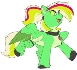 Size: 1991x1796 | Tagged: safe, artist:beardie, imported from derpibooru, oc, oc only, oc:gumdrops, pegasus, pony, derpibooru community collaboration, 2022 community collab, chest fluff, clothes, collar, colored ear fluff, colored hooves, colored wings, ear fluff, ear piercing, earring, eye clipping through hair, eyebrows, eyebrows visible through hair, female, fishnets, freckles, green coat, green eyes, heart, heart collar, heart earring, jewelry, looking at you, mare, multicolored wings, no pupils, open mouth, open smile, pale belly, pegasus oc, piercing, raised hoof, simple background, smiling, smiling at you, solo, spread wings, standing on two hooves, tail, transparent background, two toned tail, unshorn fetlocks, wings