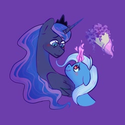 Size: 1200x1200 | Tagged: safe, artist:dandy_pony, imported from derpibooru, princess luna, trixie, alicorn, pony, unicorn, blushing, bouquet, bust, ethereal mane, eye clipping through hair, eyebrows, eyebrows visible through hair, female, flower, glowing, glowing horn, heart eyes, horn, jewelry, lesbian, levitation, looking at each other, looking at someone, luxie, magic, magic aura, mare, purple background, shipping, simple background, smiling, smiling at each other, telekinesis, tiara, wingding eyes, wings