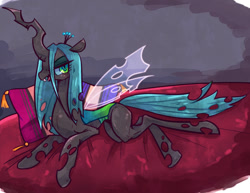 Size: 1100x850 | Tagged: safe, artist:awbt, imported from derpibooru, queen chrysalis, changeling, changeling queen, female, lying down, pillow, solo