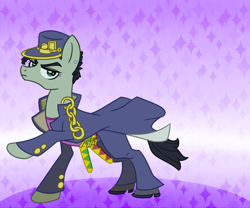 Size: 900x750 | Tagged: safe, artist:awbt, imported from derpibooru, pony, abstract background, chains, clothes, hat, hoof shoes, jacket, jojo's bizarre adventure, jotaro kujo, male, ponified, raised hoof, solo, stallion