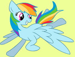 Size: 648x499 | Tagged: safe, artist:awbt, imported from derpibooru, rainbow dash, pegasus, pony, simple background, smiling, solo, yellow background