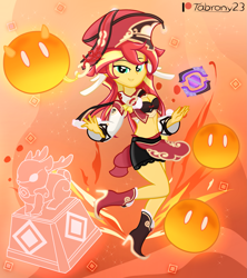 Size: 1755x1973 | Tagged: safe, artist:tabrony23, imported from derpibooru, sunset shimmer, equestria girls, bedroom eyes, boots, clothes, cosplay, costume, cute, female, fiery shimmer, fire, genshin impact, hat, high heels, looking at you, magic, patreon, patreon logo, sexy, shoes, show accurate, slimes (genshin impact), smiling, smiling at you, solo, yanfei (genshin impact)