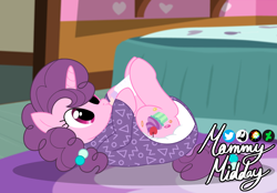 Size: 2360x1640 | Tagged: safe, artist:mommymidday, imported from derpibooru, sugar belle, pony, unicorn, abdl, adult foal, baby bottle, bottle, clothes, cute, cutie mark, diaper, diaper fetish, diaper under clothes, drinking, fetish, g4, hair accessory, lying down, milk, non-baby in diaper, onesie, poofy diaper, show accurate, signature, solo