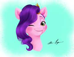 Size: 1869x1434 | Tagged: safe, artist:allisonpopick, imported from derpibooru, pipp petals, pegasus, pony, spoiler:my little pony: a new generation, bust, female, g5, mare, my little pony: a new generation, one eye closed, solo, wink