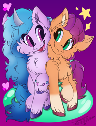 Size: 1980x2592 | Tagged: safe, artist:nehirertan07, imported from derpibooru, izzy moonbow, sunny starscout, earth pony, pony, unicorn, cheek fluff, cheek squish, chest fluff, curved horn, cute, ear fluff, excessive fluff, eye contact, female, fluffy, g5, heart, hoof fluff, horn, izzybetes, leg fluff, looking at each other, looking at someone, mare, messy mane, my little pony: a new generation, neck fluff, purple background, raised hoof, shoulder fluff, side by side, simple background, smiling, squishy cheeks, stars, sunnybetes, unshorn fetlocks