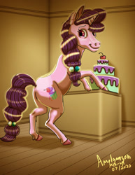 Size: 1280x1657 | Tagged: safe, artist:amalgamzaku, imported from derpibooru, sugar belle, pony, cake, food, solo