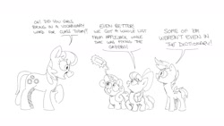 Size: 1600x900 | Tagged: safe, artist:mellodillo, imported from derpibooru, apple bloom, cheerilee, scootaloo, sweetie belle, earth pony, pegasus, pony, unicorn, black and white, cutie mark crusaders, dialogue, female, filly, grayscale, implied applejack, implied swearing, levitation, magic, mare, monochrome, sketch, telekinesis