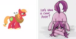 Size: 1280x671 | Tagged: safe, imported from derpibooru, big macintosh, earth pony, unicorn, derpibooru, face down ass up, jack-o challenge, juxtaposition, meme, meta, unshorn fetlocks