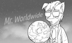 Size: 1280x768 | Tagged: safe, artist:captainhoers, imported from derpibooru, oc, oc only, earth pony, pony, globe, grayscale, male, monochrome, pitbull (rapper), solo, stallion, sunglasses