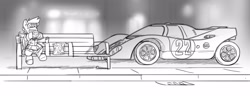 Size: 5000x2000 | Tagged: safe, artist:captainhoers, imported from derpibooru, oc, oc only, bat pony, pony, bat pony oc, car, eating, female, food, french fries, grayscale, mare, monochrome, porsche 917, racecar, sitting, solo