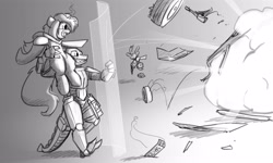 Size: 5000x3000 | Tagged: safe, artist:captainhoers, imported from derpibooru, oc, oc only, anthro, pony, unicorn, explosion, force field, grayscale, holding a pony, monochrome