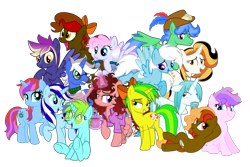 Size: 10000x6690 | Tagged: safe, artist:feather_bloom, artist:kaitykat117, imported from derpibooru, oc, oc only, oc:blizzard_blitz, oc:candy_corn, oc:cocoa butter, oc:cocoa nut(kaitykat), oc:feather blitz, oc:feather_bloom, oc:flower love(kaitykat), oc:heavy weather, oc:ice storm, oc:lueur rose, oc:paige scribble(kaitykat), oc:playwright quill(kaitykat), oc:raven shadowfire, oc:weird science, earth pony, pegasus, pony, unicorn, :t, absurd resolution, base used, blue eyes, bow, clothes, ears back, earth pony oc, facial hair, female, flying, glasses, glowing, glowing horn, green eyes, grin, group, group photo, hair bow, hat, hooves, horn, lidded eyes, magic, male, mare, mug, multicolored mane, multicolored tail, open mouth, open smile, orange eyes, partially open wings, pegasus oc, purple eyes, raised hoof, raised leg, show accurate, signature, simple background, sitting, smiling, spread wings, stallion, standing, tail, telekinesis, transparent background, two toned mane, two toned tail, unicorn oc, vector, wall of tags, wings