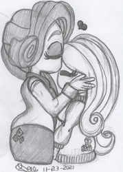 Size: 982x1369 | Tagged: safe, artist:rtonart, imported from derpibooru, fluttershy, rarity, human, clothes, eyes closed, female, flarity, forehead kiss, grayscale, heart, height difference, humanized, kissing, lesbian, monochrome, pencil drawing, shipping, skirt, sweater, sweatershy, traditional art