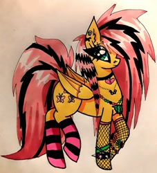Size: 2363x2600 | Tagged: safe, artist:kandijoneko, imported from derpibooru, fluttershy, pegasus, pony, alternate hairstyle, choker, clothes, ear piercing, earring, emoshy, female, fishnets, high res, jewelry, mare, piercing, socks, solo, spiked wristband, striped socks, traditional art, wristband