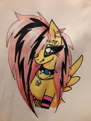 Size: 2448x3264 | Tagged: safe, artist:kandijoneko, imported from derpibooru, fluttershy, pegasus, pony, alternate hairstyle, bust, choker, clothes, ear piercing, earring, emoshy, female, high res, jewelry, mare, necklace, piercing, socks, solo, spiked choker, striped socks, traditional art