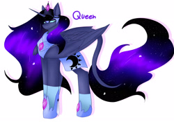 Size: 2901x2037 | Tagged: safe, artist:krissograph, imported from derpibooru, princess luna, alicorn, pony, alternate universe, blue eyes, blue mane, blue tail, colored pupils, crown, ethereal mane, feather, female, flowing mane, flowing tail, folded wings, gem, high res, hoof shoes, horn, jewelry, looking at you, regalia, signature, simple background, solo, starry mane, starry tail, stars, tail, white background, wings