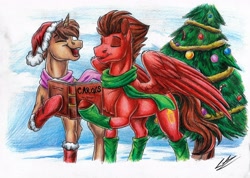 Size: 3474x2479 | Tagged: safe, artist:lupiarts, imported from derpibooru, oc, oc only, oc:heroic armour, oc:slide fortissimo, pegasus, pony, unicorn, book, christmas, christmas ornament, christmas tree, clothes, decoration, hat, high res, holiday, santa hat, singing, socks, traditional art, tree