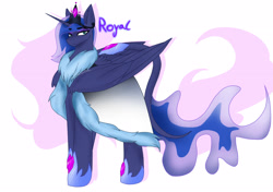 Size: 2901x2037 | Tagged: safe, artist:krissograph, imported from derpibooru, princess luna, alicorn, pony, alternate universe, blue eyes, blue mane, blue tail, clothes, coat, colored pupils, crown, feather, female, flowing mane, flowing tail, folded wings, gem, high res, hoof shoes, horn, jewelry, looking at you, regalia, simple background, solo, stars, tail, white background, wings