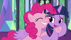 Size: 1018x570 | Tagged: safe, artist:queenderpyturtle, edit, edited screencap, imported from derpibooru, screencap, pinkie pie, twilight sparkle, alicorn, pony, duo, duo female, female, hug, lesbian, shipping, twilight sparkle (alicorn), twilight's castle, twinkie, winghug, wings