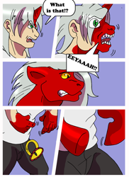 Size: 2550x3509 | Tagged: safe, artist:rex-equinox, imported from derpibooru, oc, oc only, oc:draco scales, dracony, dragon, human, hybrid, comic, high res, human to pony, male, open mouth, transformation, trinket