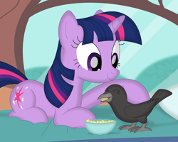 Size: 3514x2811 | Tagged: safe, artist:porygon2z, imported from derpibooru, twilight sparkle, oc, oc:sabrina, bird, crow, pony, unicorn, duo, duo female, eyes closed, female, golden oaks library, high res, lying down, petting, prone, unicorn twilight