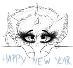 Size: 1898x1771 | Tagged: safe, artist:beamybutt, imported from derpibooru, oc, oc only, oc:moonbeam, pony, unicorn, bust, ear fluff, eyelashes, female, happy new year, holiday, horn, lineart, mare, monochrome, solo, unicorn oc