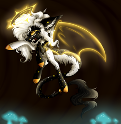 Size: 4400x4500 | Tagged: safe, artist:beamybutt, imported from derpibooru, pony, artificial wings, augmented, bat wings, ear fluff, flying, halo, magic, magic wings, rearing, solo, wings