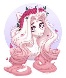 Size: 3200x3800 | Tagged: safe, artist:avroras_world, imported from derpibooru, oc, oc only, alicorn, pony, alicorn oc, blushing, bust, commission, curly hair, female, flower, flower in hair, high res, horn, looking at you, mare, petals, rose, simple background, smiling, smiling at you, solo, white background, wings