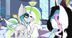 Size: 925x500 | Tagged: safe, artist:beamybutt, imported from derpibooru, oc, oc only, alicorn, pony, alicorn oc, duo, ear fluff, ethereal mane, horn, indoors, male, raised hoof, stallion, starry mane, wings