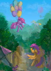 Size: 3162x4430 | Tagged: safe, artist:yarugreat, imported from derpibooru, bulk biceps, pinkie pie, scootaloo, earth pony, pegasus, pony, balloon, floating, scootaloo can't fly, scootaloo is not amused, tabun art-battle, then watch her balloons lift her up to the sky, unamused